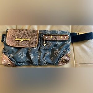 Authentic Vintage Y2K Baby Phat Denim and Brown Fanny Pack with Gold Accents